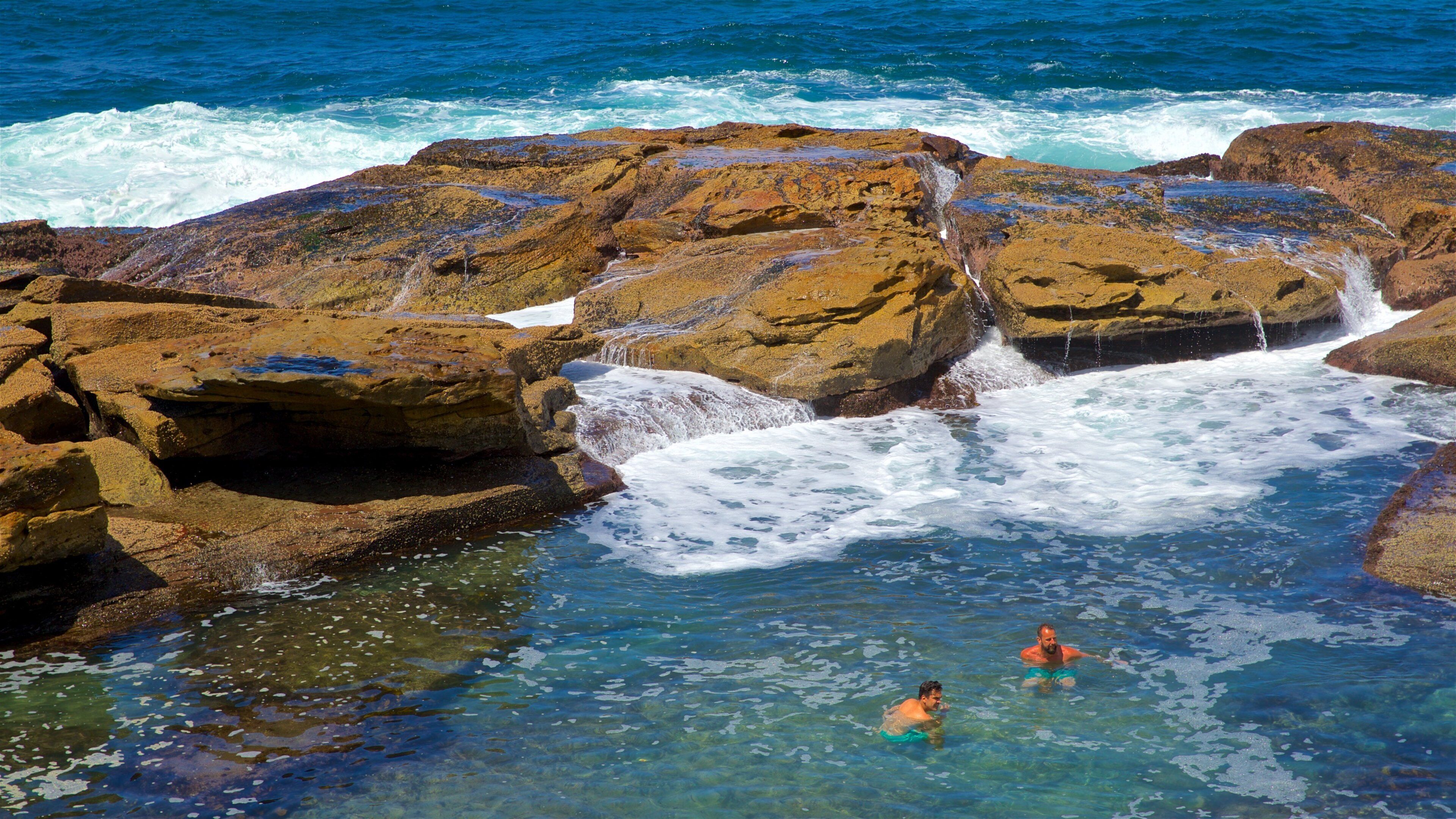 Coogee Beach which includes rugged coastline, swimming and general coastal views