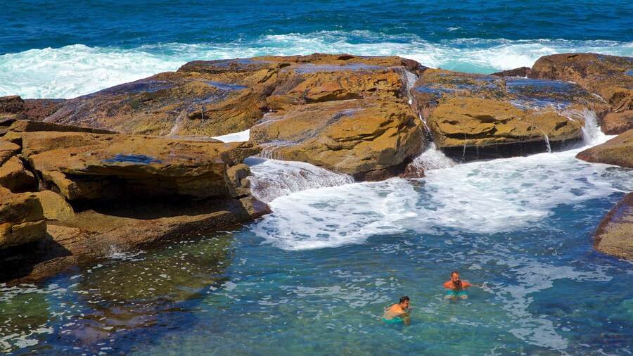 Coogee Beach which includes rugged coastline, swimming and general coastal views