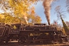 Een stoomlocomotief nummer 1702, omgeven door herfstbomen en met rook uit de schoorsteen.