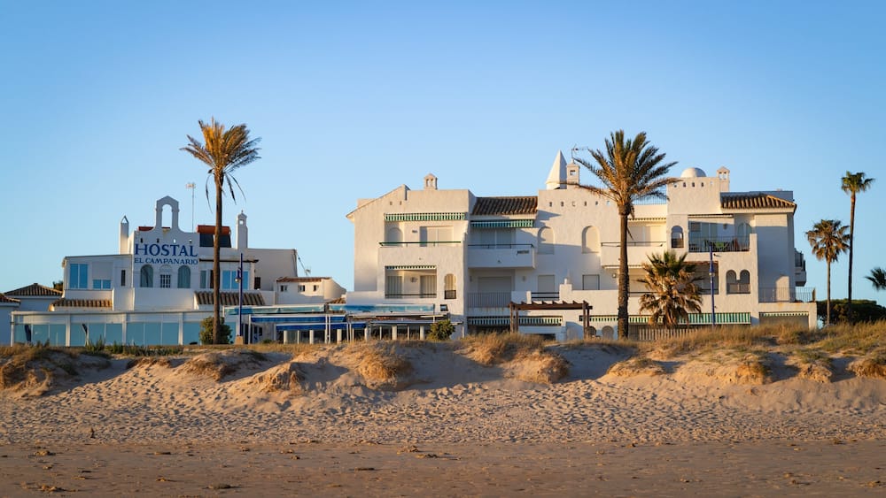 A coastal hotel with palm trees and a sandy beach.