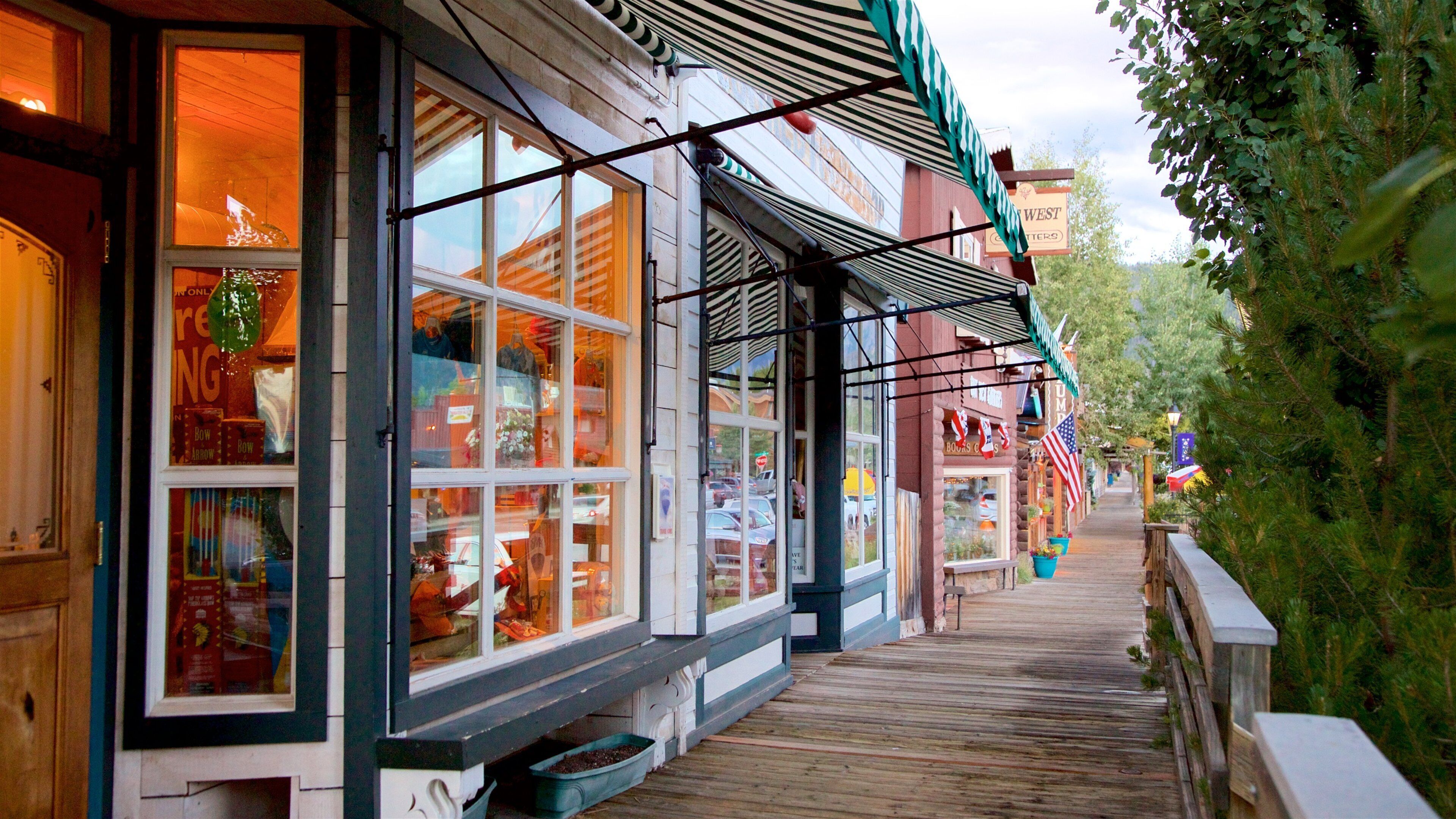 A wooden boardwalk with shops on one side and trees on the other.