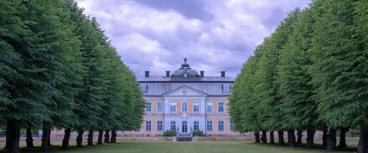A large, classical building with a symmetrical facade, surrounded by a well-manicured lawn and tall, evenly spaced trees.