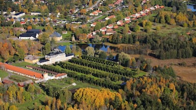 An aerial view of a residential area with houses, a large building, and a lake.