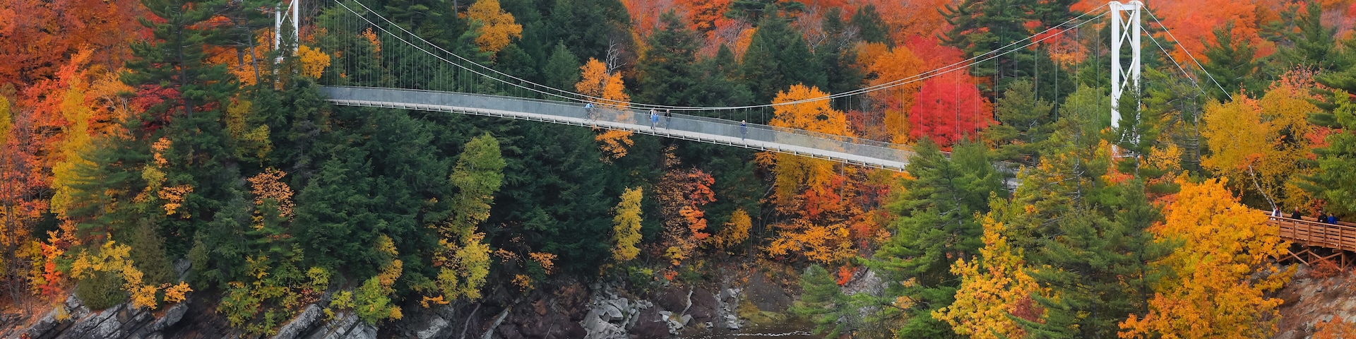 Chaudière River Suspension Bridge at Chaudière Falls Park surrounded with fall foliage.