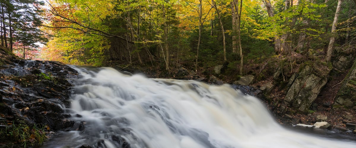 A waterfall cascading over rocks in a forested area with autumn foliage.