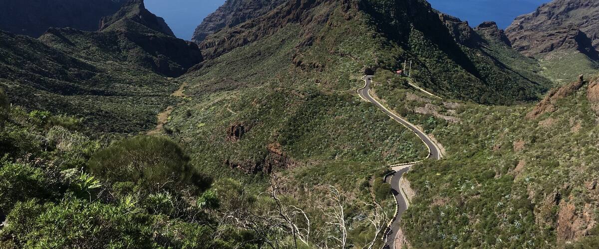 Mazca Valley, picturesque region of western Tenerife, with neighboring Gomera island in the distance. Canaries are made of 7 small volcanic islands.