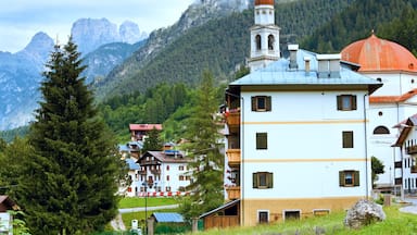 Tranquil summer Italian dolomites mountain village view from Auronzo di Cadore village
