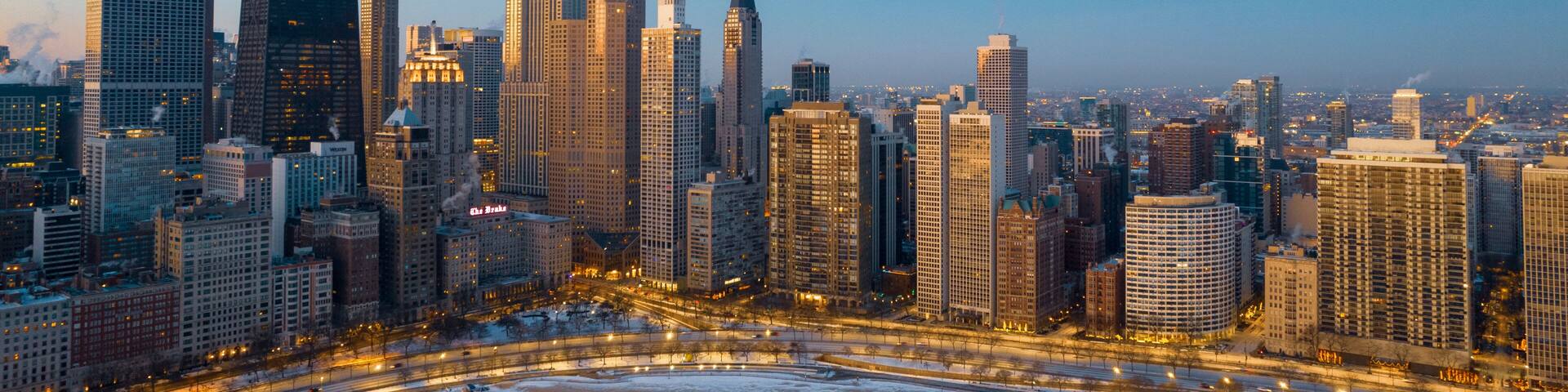 Chicago Winter Aerial View - Frozen Oak Street Beach at Dawn - John Handcock Building