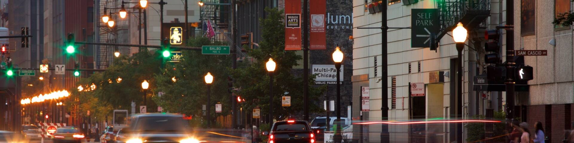 South Loop showing street scenes and night scenes