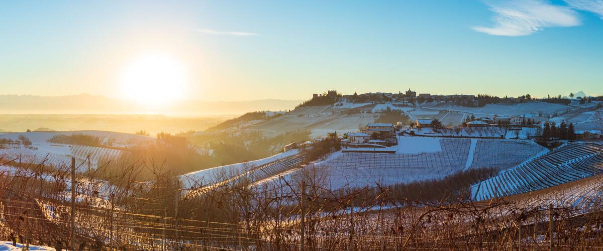 A snow-covered landscape with a village, vineyards, and a castle in the background.