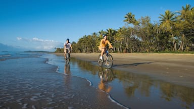 Mission Beach featuring mountain biking and a sandy beach as well as a small group of people