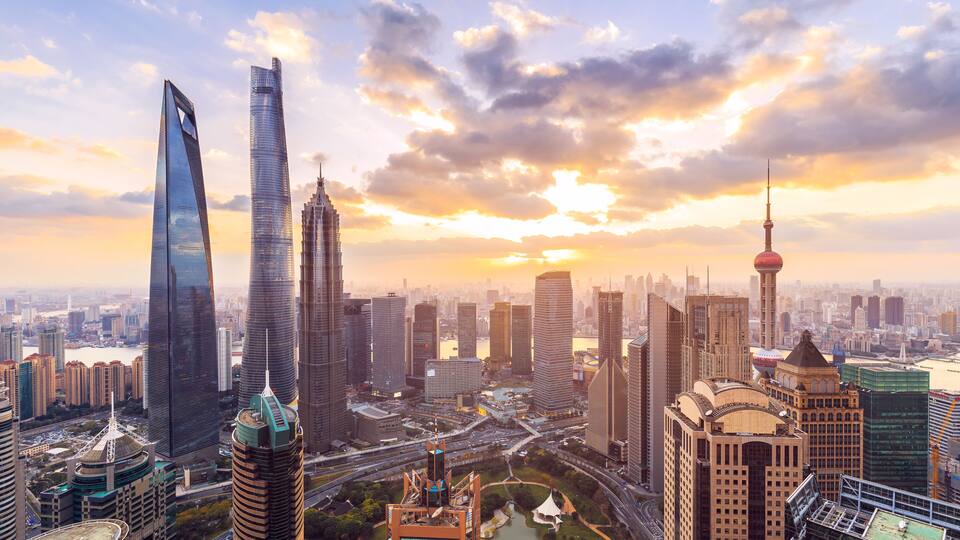 Shanghai skyline and cityscape at sunset