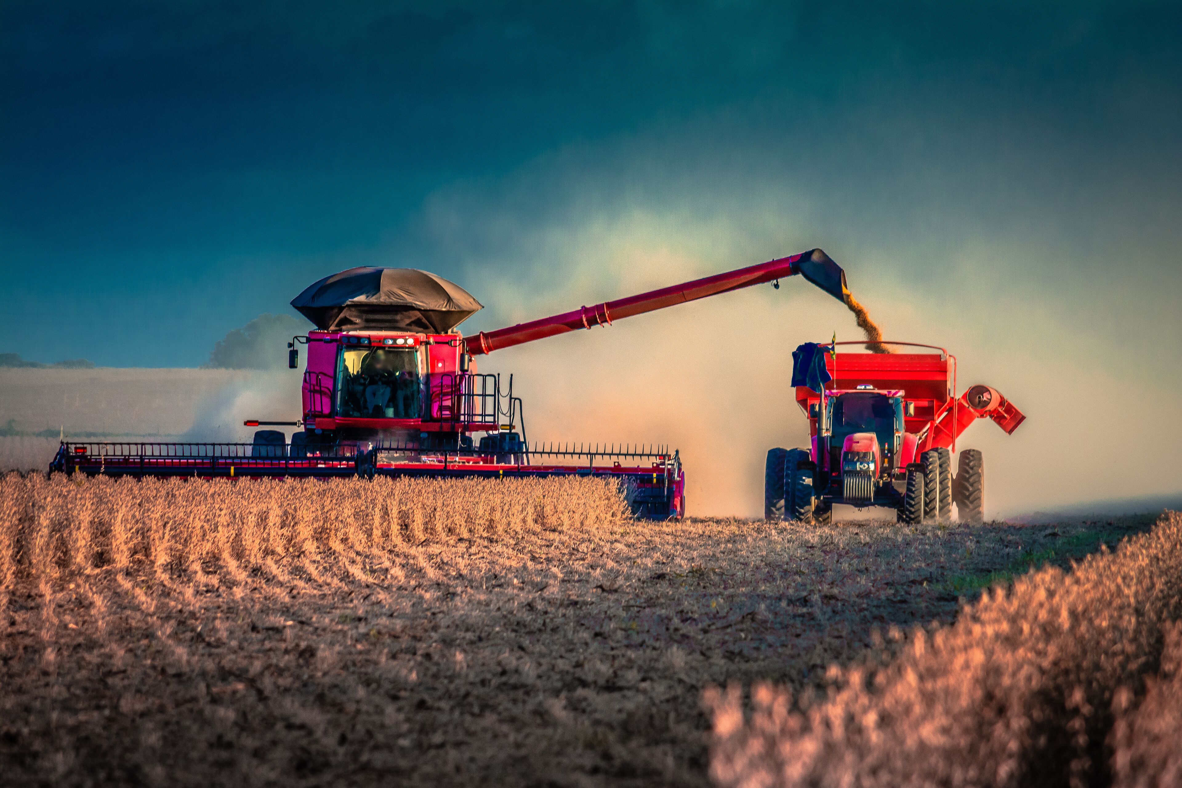 A combine harvester in a field with a dust cloud.