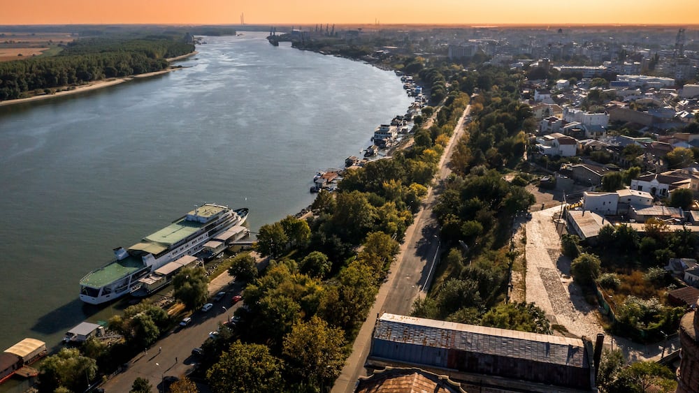 Aerial view over Braila and Danube River in Romania