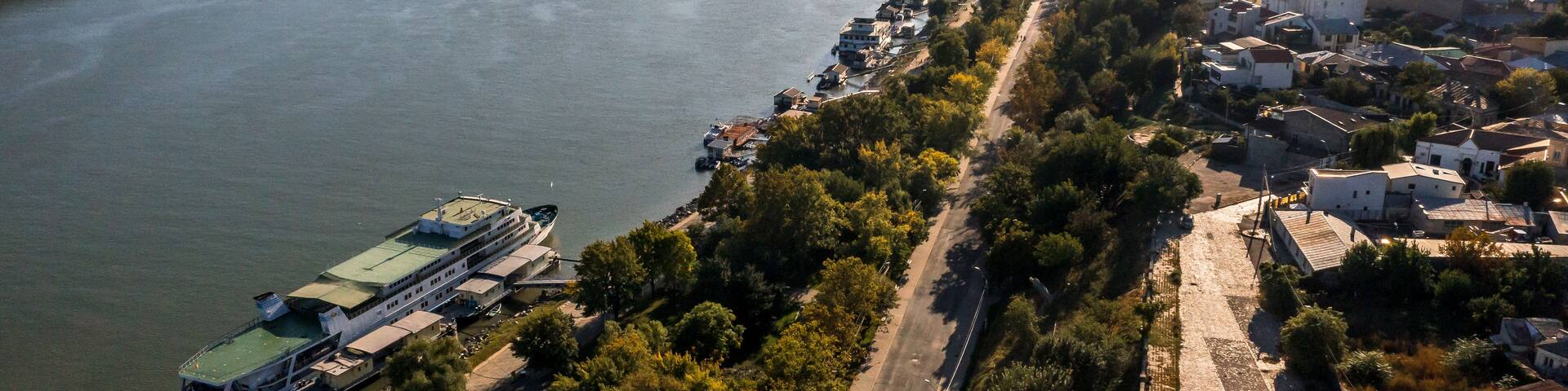 Aerial view over Braila and Danube River in Romania