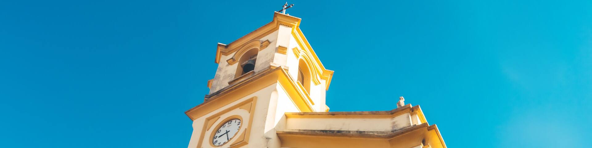 Yellow Cathedral with Blue Sky - Catholic ReIigious Monument - Igreja Matriz de Monte Mor, State of São Paulo, Brazil