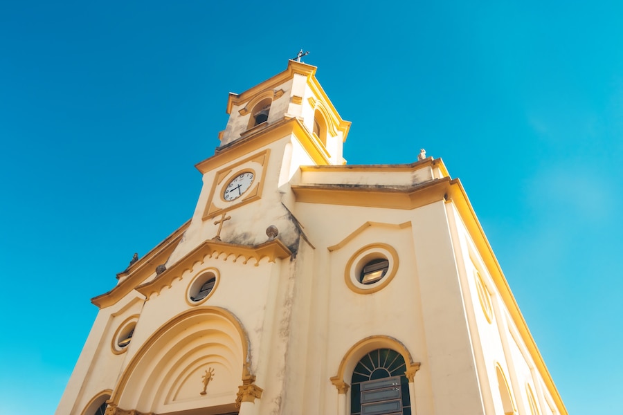 Yellow Cathedral with Blue Sky - Catholic ReIigious Monument - Igreja Matriz de Monte Mor, State of São Paulo, Brazil