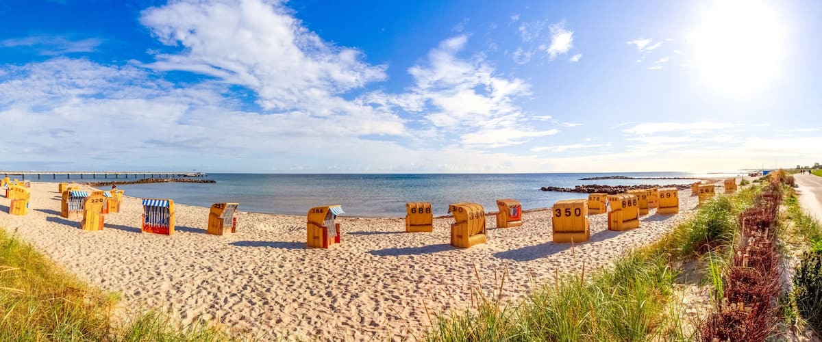 A beach with numbered wooden beach chairs and a road alongside.