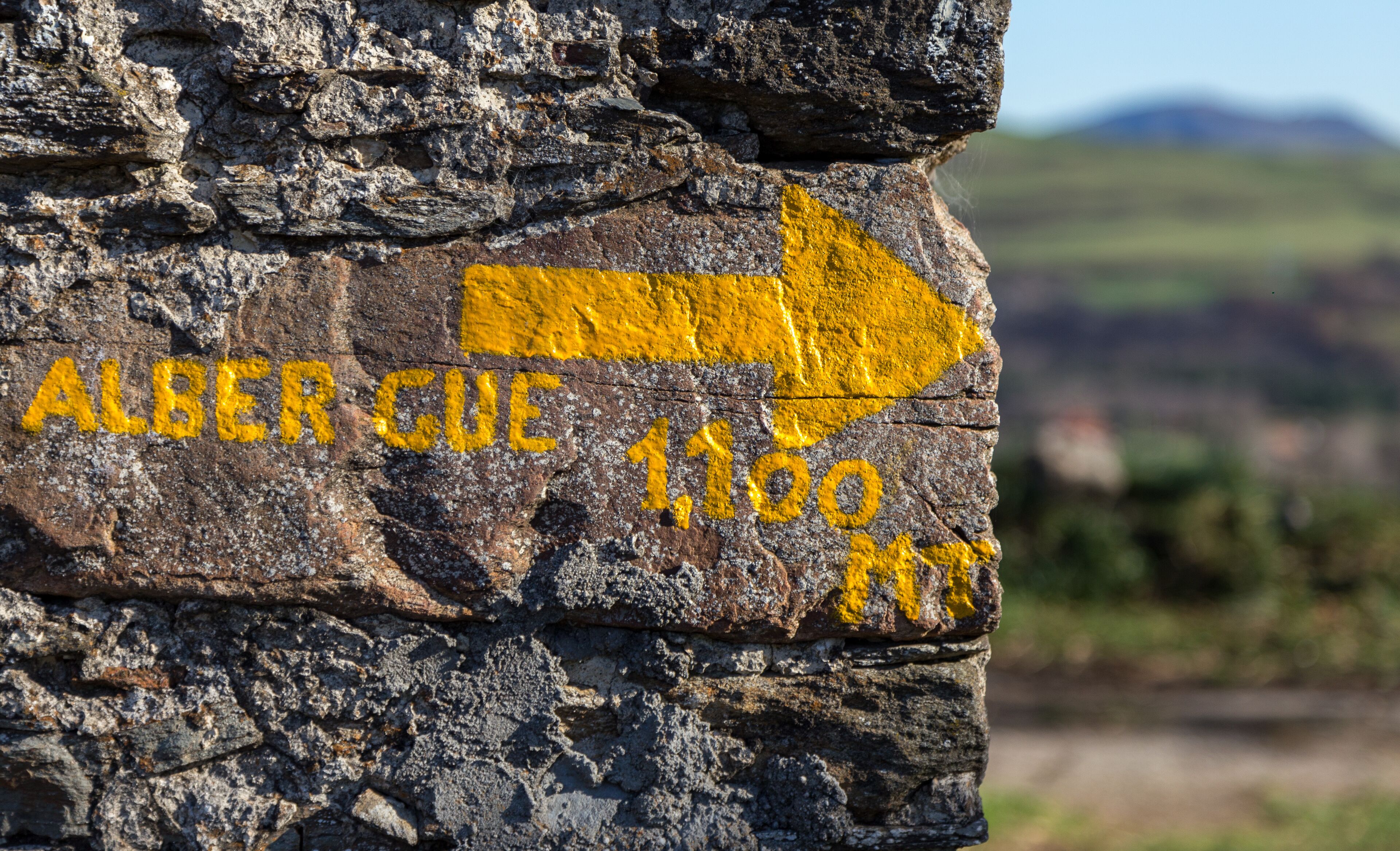 Sign to the Albergue of Tineo, the Camino Primitivo in Spain a World Heritage Site