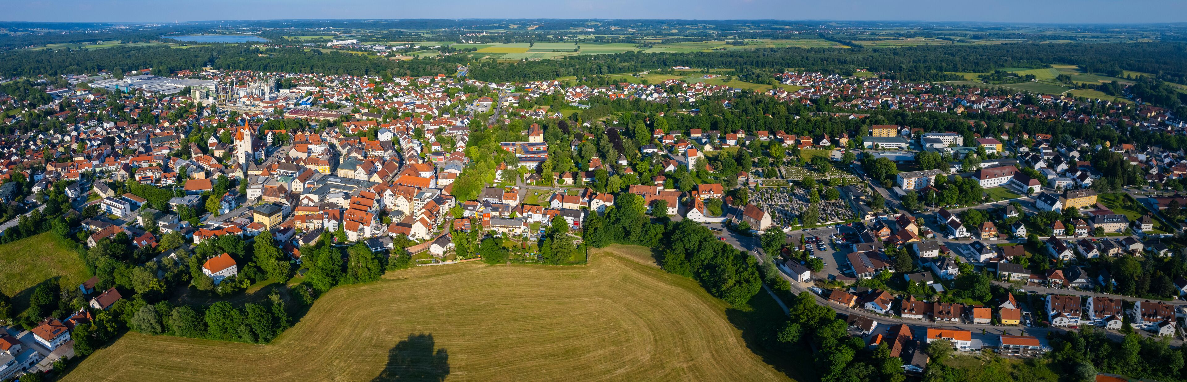 Aerial view of the old town and city Moosburg in Germany, Bavaria on a sunny noon spring day