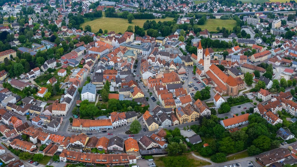 Aerial view around the city Moosburg in Germany., Bavaria on a sunny afternoon in spring.
