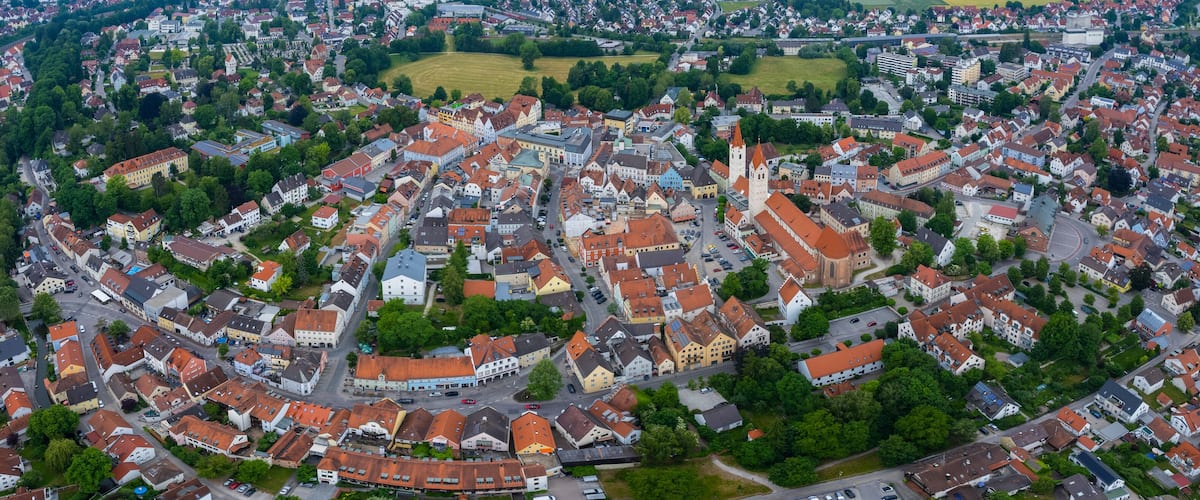 Aerial view around the city Moosburg in Germany., Bavaria on a sunny afternoon in spring.