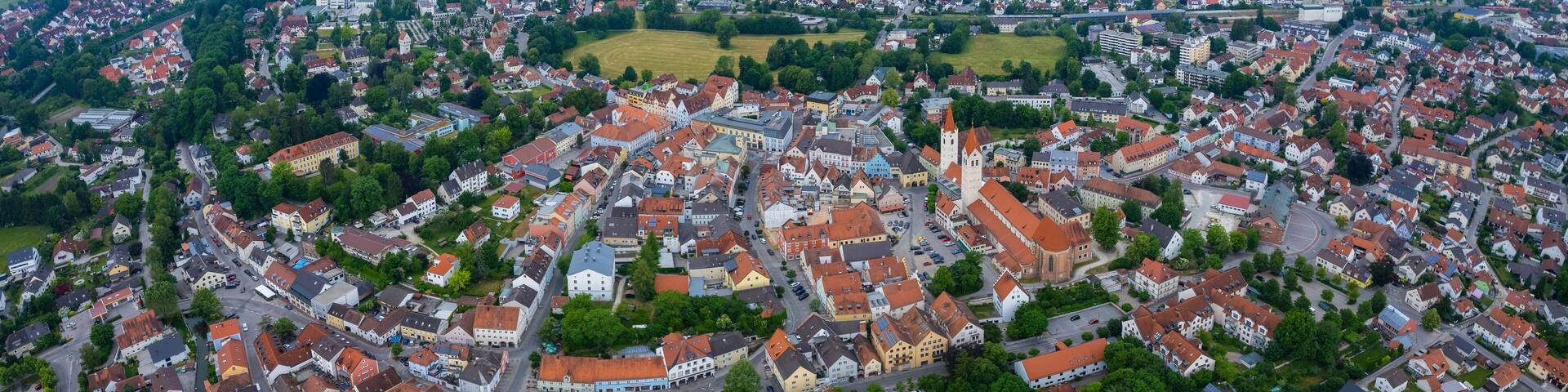 Aerial view around the city Moosburg in Germany., Bavaria on a sunny afternoon in spring.