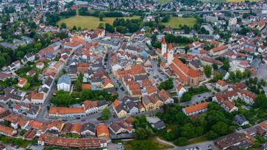 Aerial view around the city Moosburg in Germany., Bavaria on a sunny afternoon in spring.