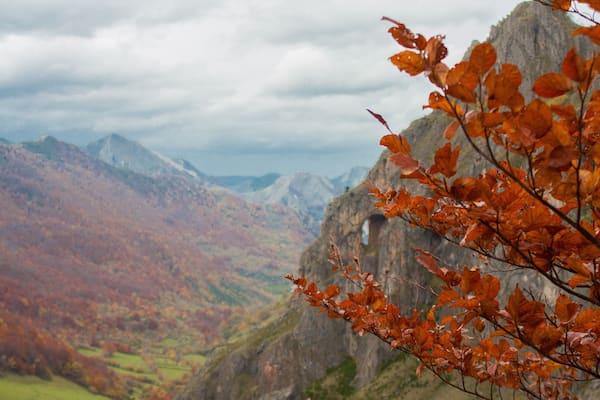 Un paysage montagneux aux couleurs automnales, avec une falaise rocheuse.