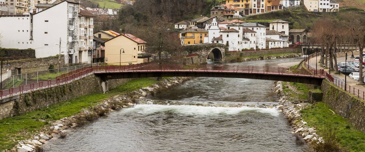 A river flowing through a town with a bridge, buildings, and a hillside in the background.