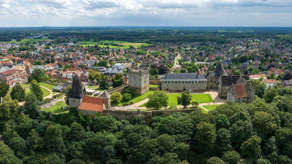 A historic town with a prominent castle, surrounded by lush greenery and a mix of residential and commercial buildings.