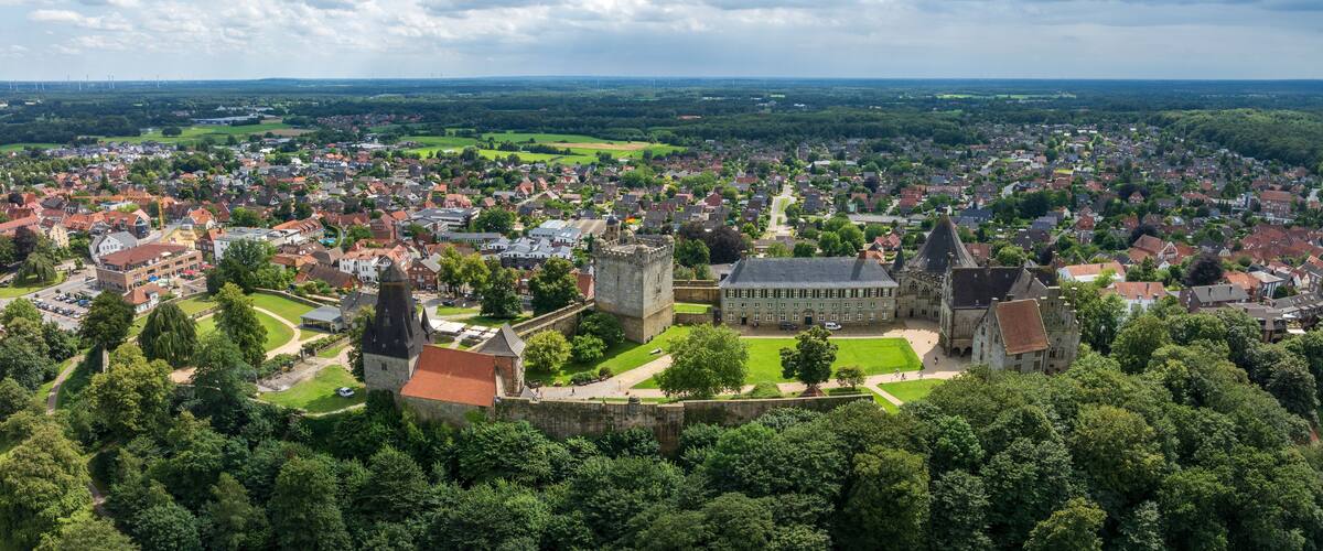 A historic town with a prominent castle, surrounded by lush greenery and a mix of residential and commercial buildings.