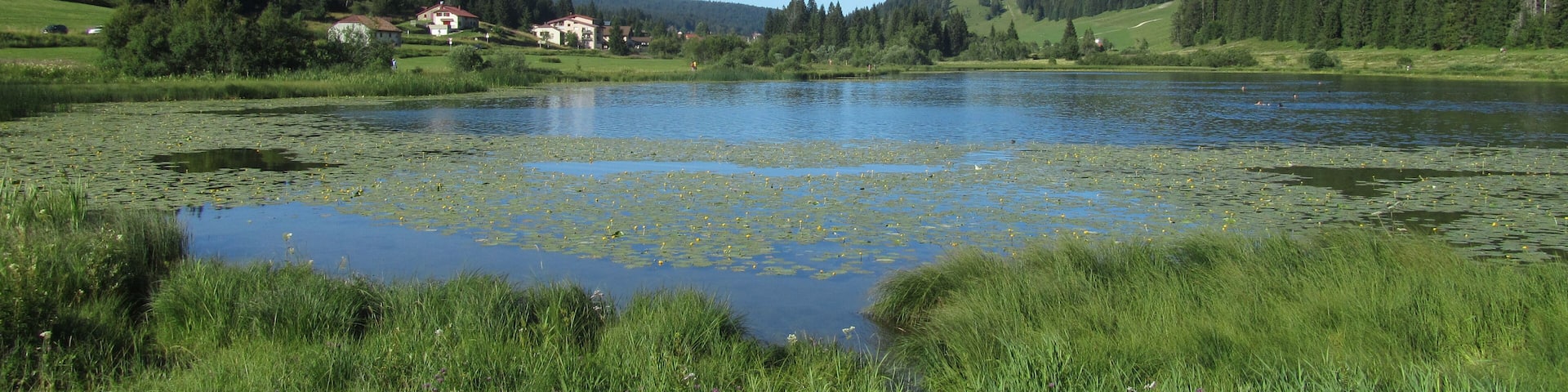 View of the picturesque glacial lake Lac de Lamoura. It is the highest lake in the French Jura at an elevation of (1156 m). And is a popular tourist spot for swimming.