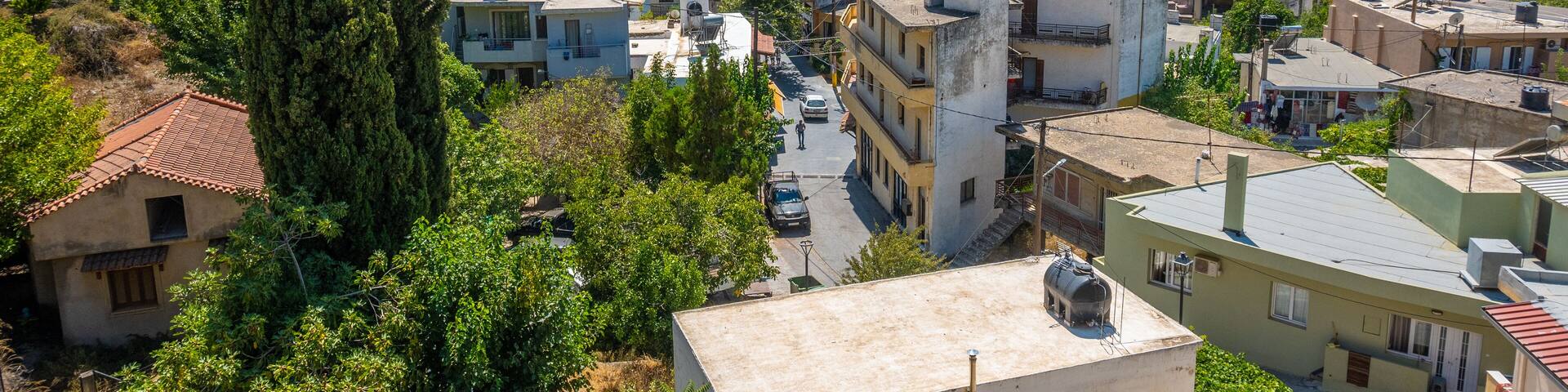 Aerial view of Anogeia in central Crete., Greece. A traditional mountainous cretan village.