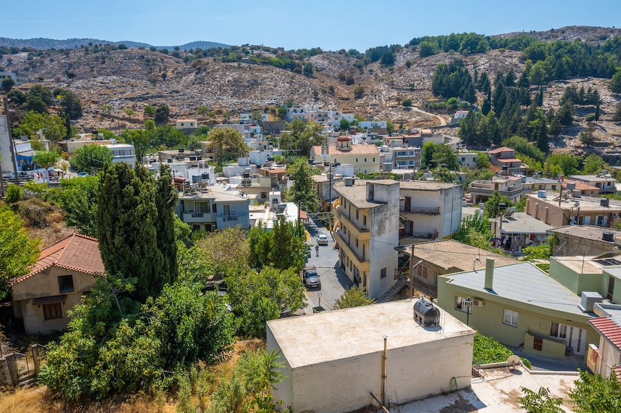 Aerial view of Anogeia in central Crete., Greece. A traditional mountainous cretan village.