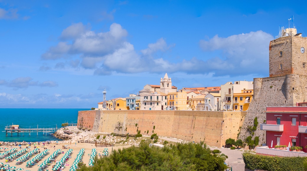 Panoramic view of the old town of Termoli with the defensive walls, the colorful houses and Svevo Castle, Termoli, Italy