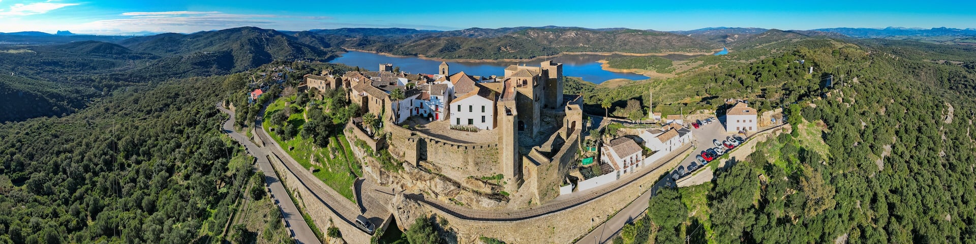 Aerial view of the beautiful village of Castellar de la Frontera in Andalusia Spain