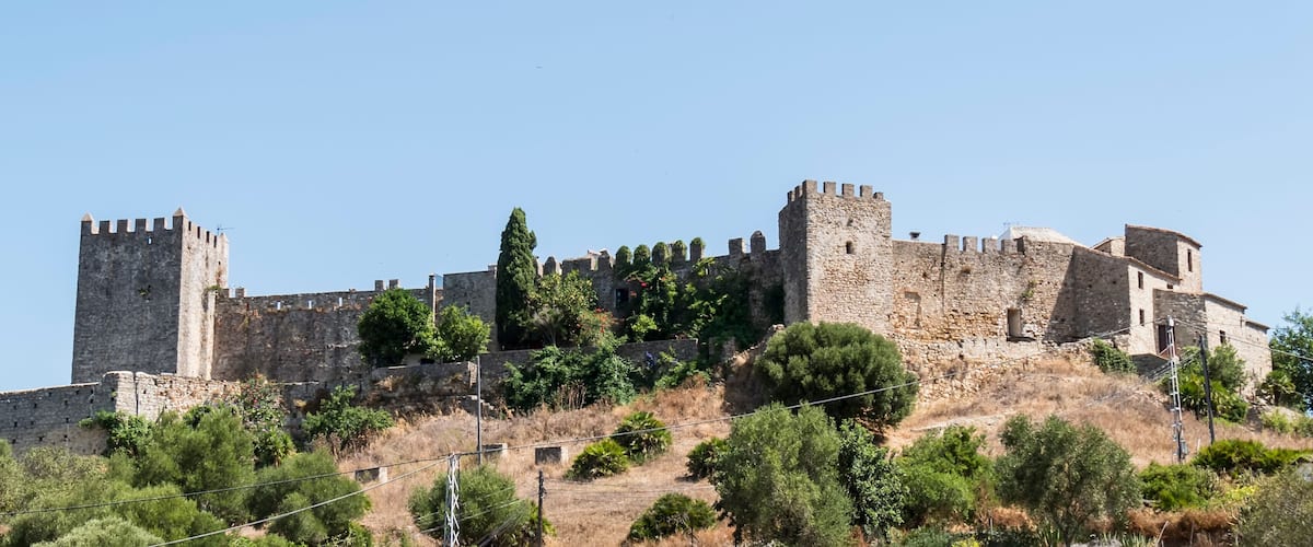 A historic stone castle with multiple towers and battlements, surrounded by greenery and trees.