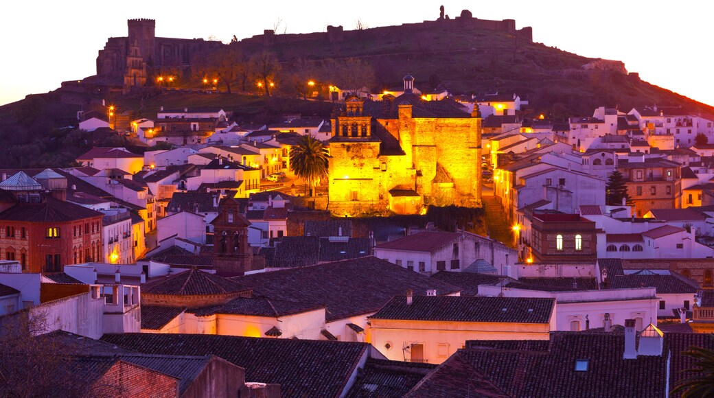 A historic town with a prominent castle on a hill, surrounded by white buildings with red-tiled roofs.