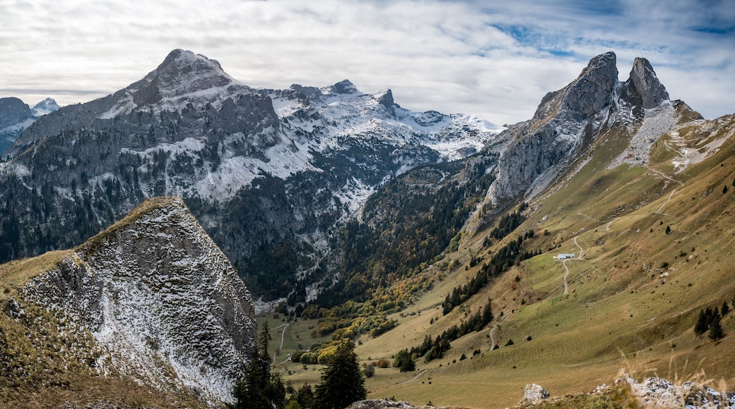 panoramic view with Les Jumelles and Valley at Lac du Taney seen from Alamont