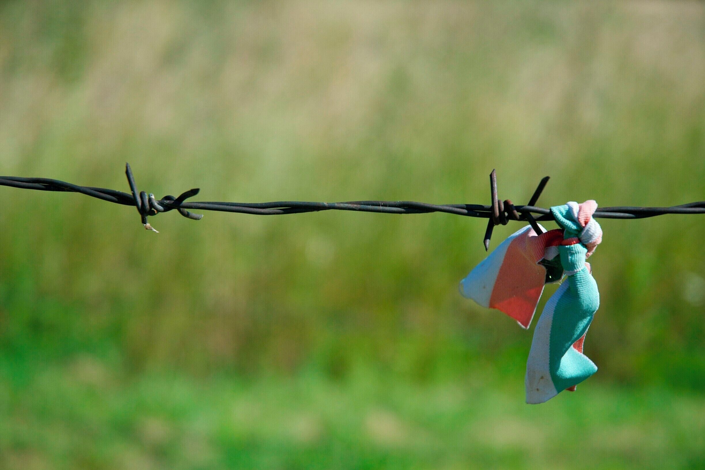 A barbed wire with a colorful flag and a small figure hanging from it.