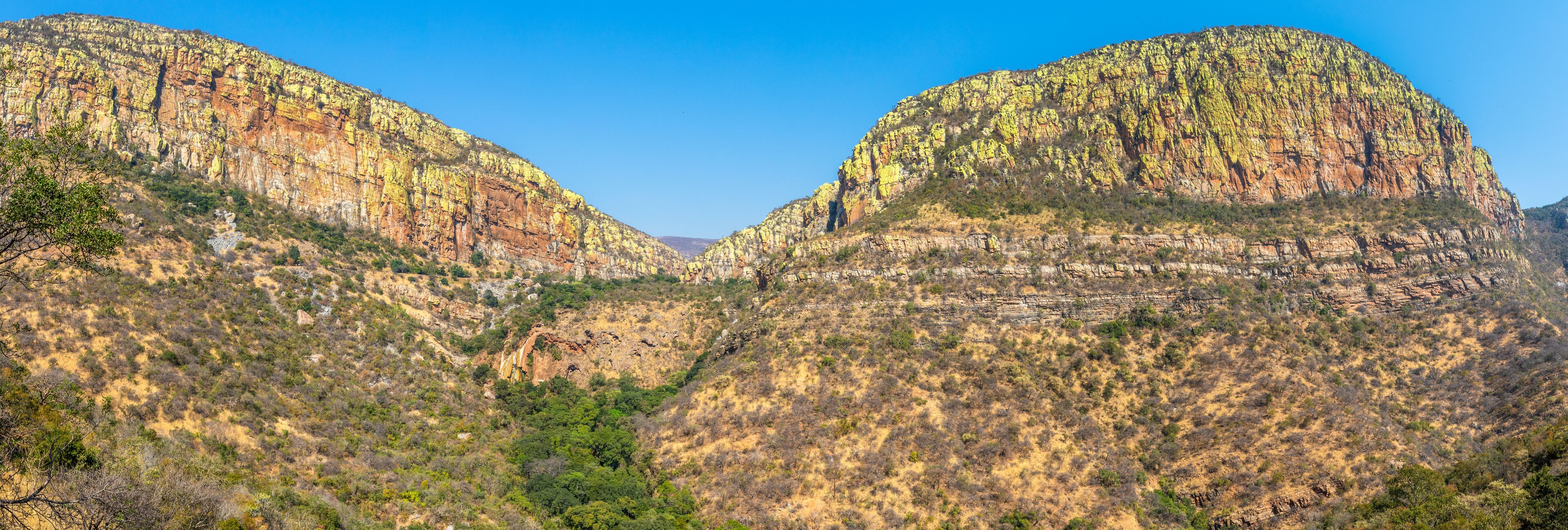 A canyon with steep, rocky cliffs and sparse vegetation.