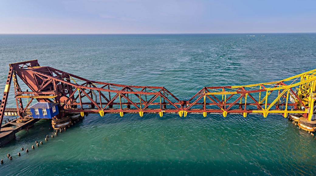 Pamban Bridge is a railway bridge which connects the town of Mandapam, India.