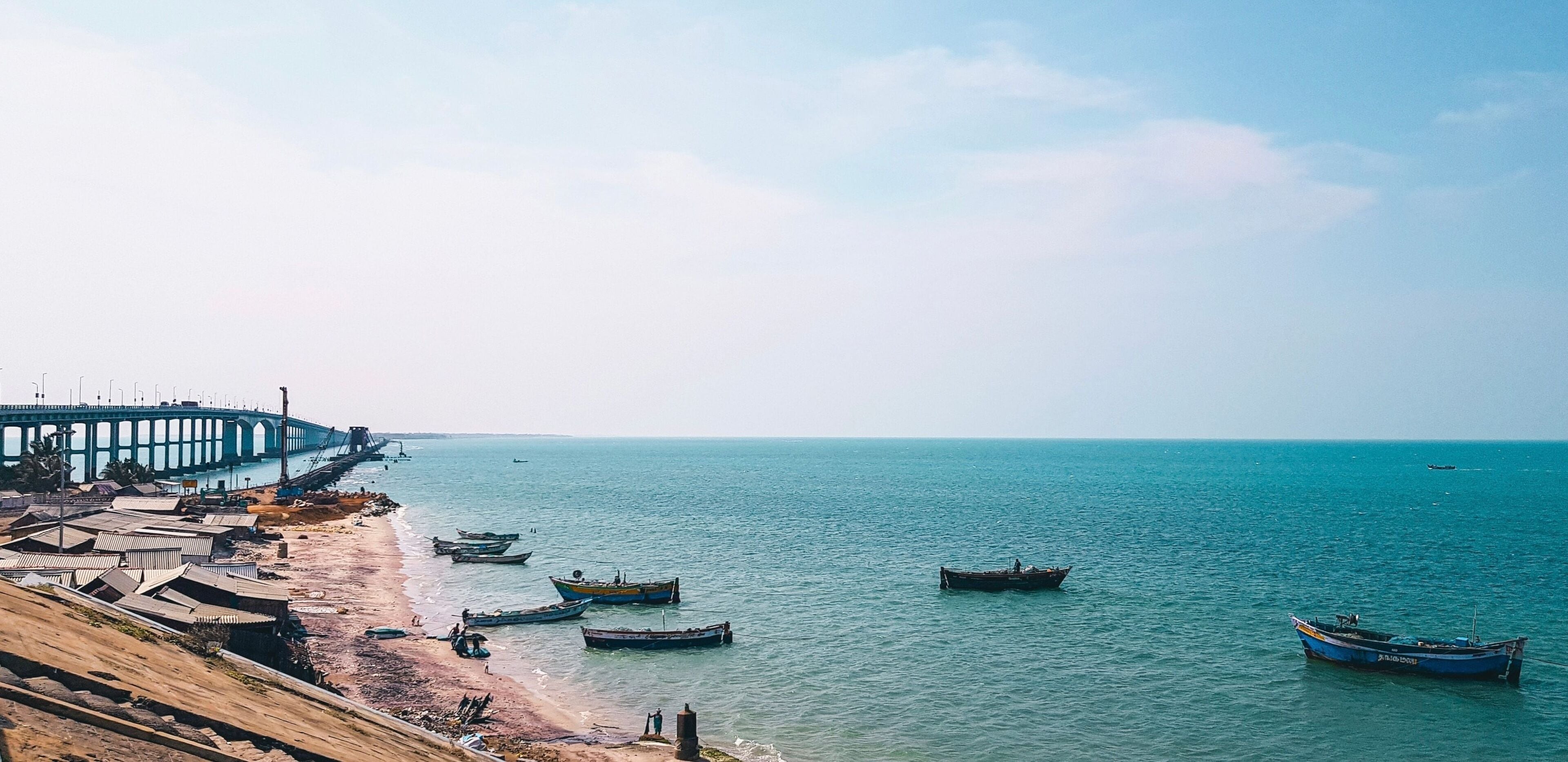 An ocean view with boats along Rameswaram between India and Sri Lanka