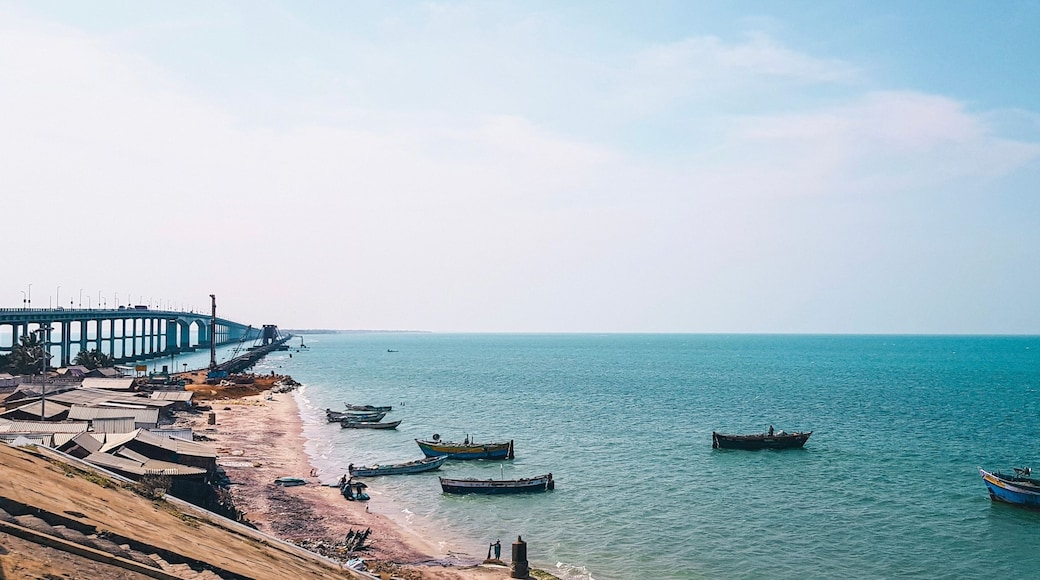 An ocean view with boats along Rameswaram between India and Sri Lanka