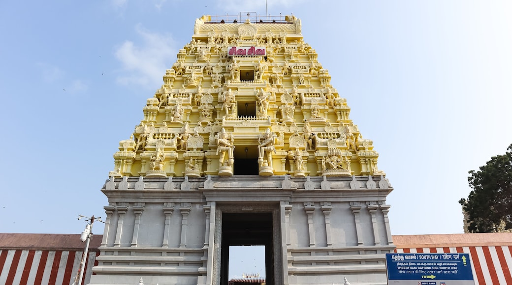 the Beautiful View of Gopuram of Rameshwaram Temple, Jyotirlinga, one of the Twelfth Jyotirlinga, Hindu Pilgrimage, Holy Place , Rameswaram, Tamil Nadu, India.