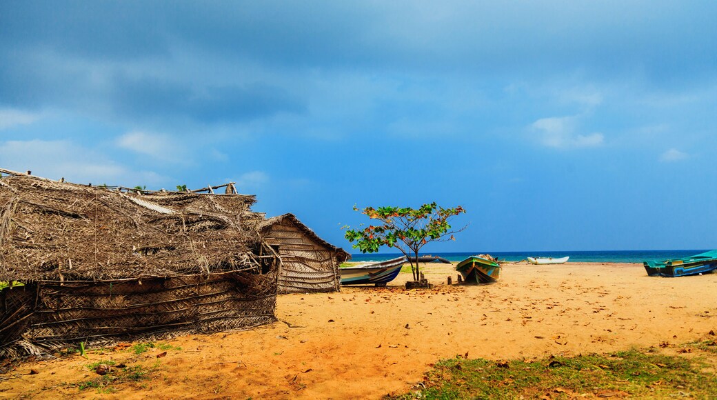 Thatched coconut leaf house or fishing hut and boats on tropical beach