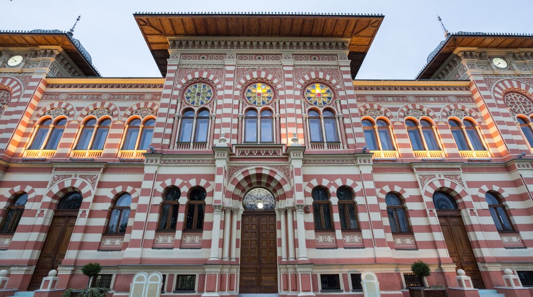 Facade and entrance of the main hall of the Vijecnica, the former library and city hall of Brcko, bosnia and Herzegovina, built in the 19th century, characterized by its ottoman style.