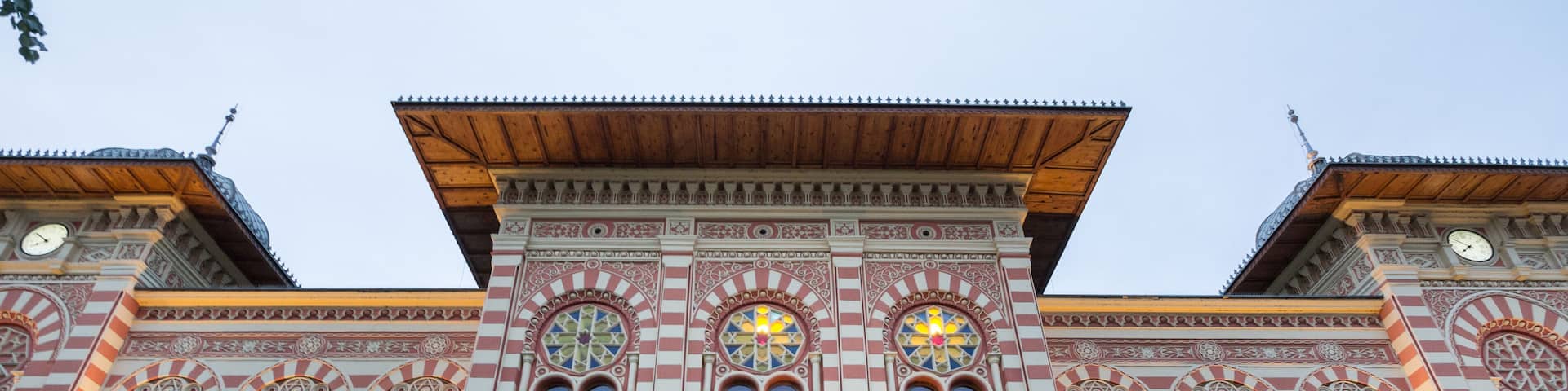 Facade and entrance of the main hall of the Vijecnica, the former library and city hall of Brcko, bosnia and Herzegovina, built in the 19th century, characterized by its ottoman style.
