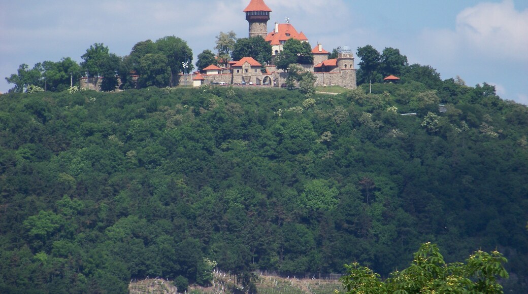 Most, Most District, Ústí nad Labem Region, Czech Republic. Hněvín hill and castle, seen from nearby the city theatre.